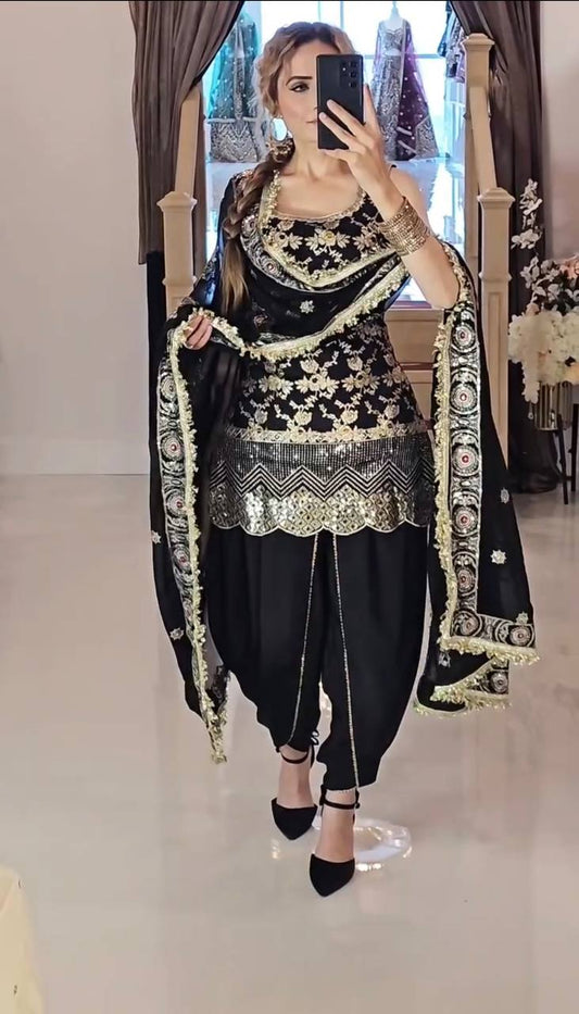Good Looking Sequence Work Black Color Dhoti Suit