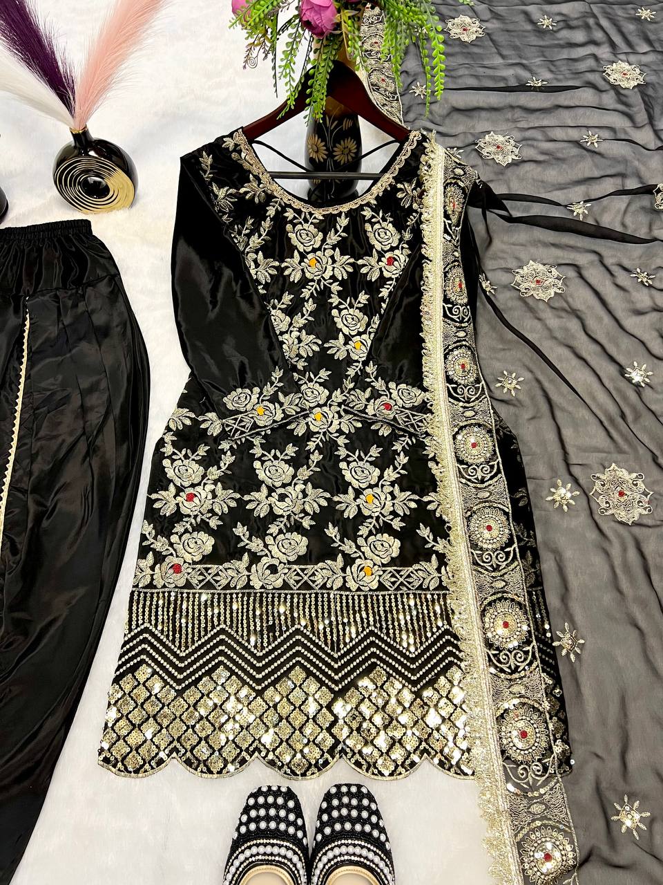 Good Looking Sequence Work Black Color Dhoti Suit