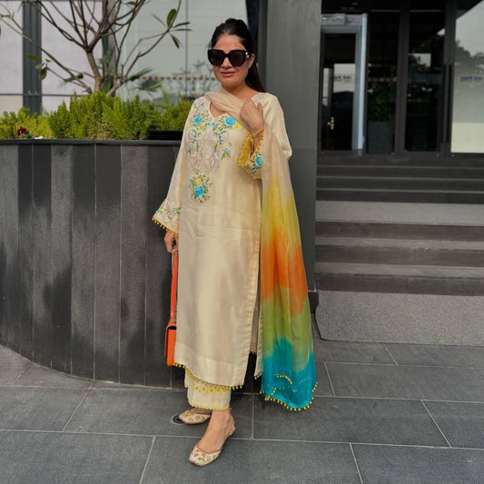 Elegant White Color Salwar Suit With Multi Dupatta