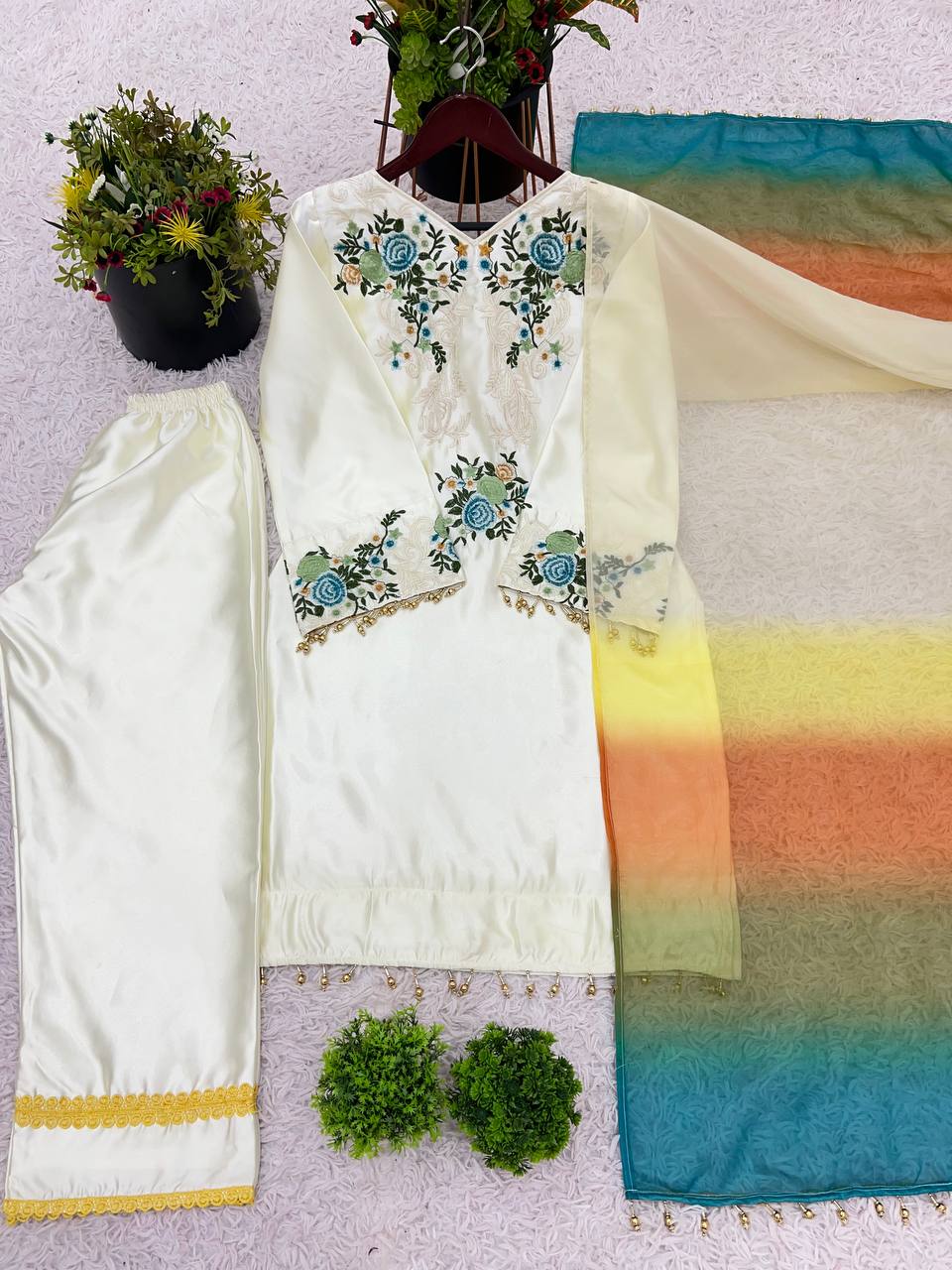 Elegant White Color Salwar Suit With Multi Dupatta