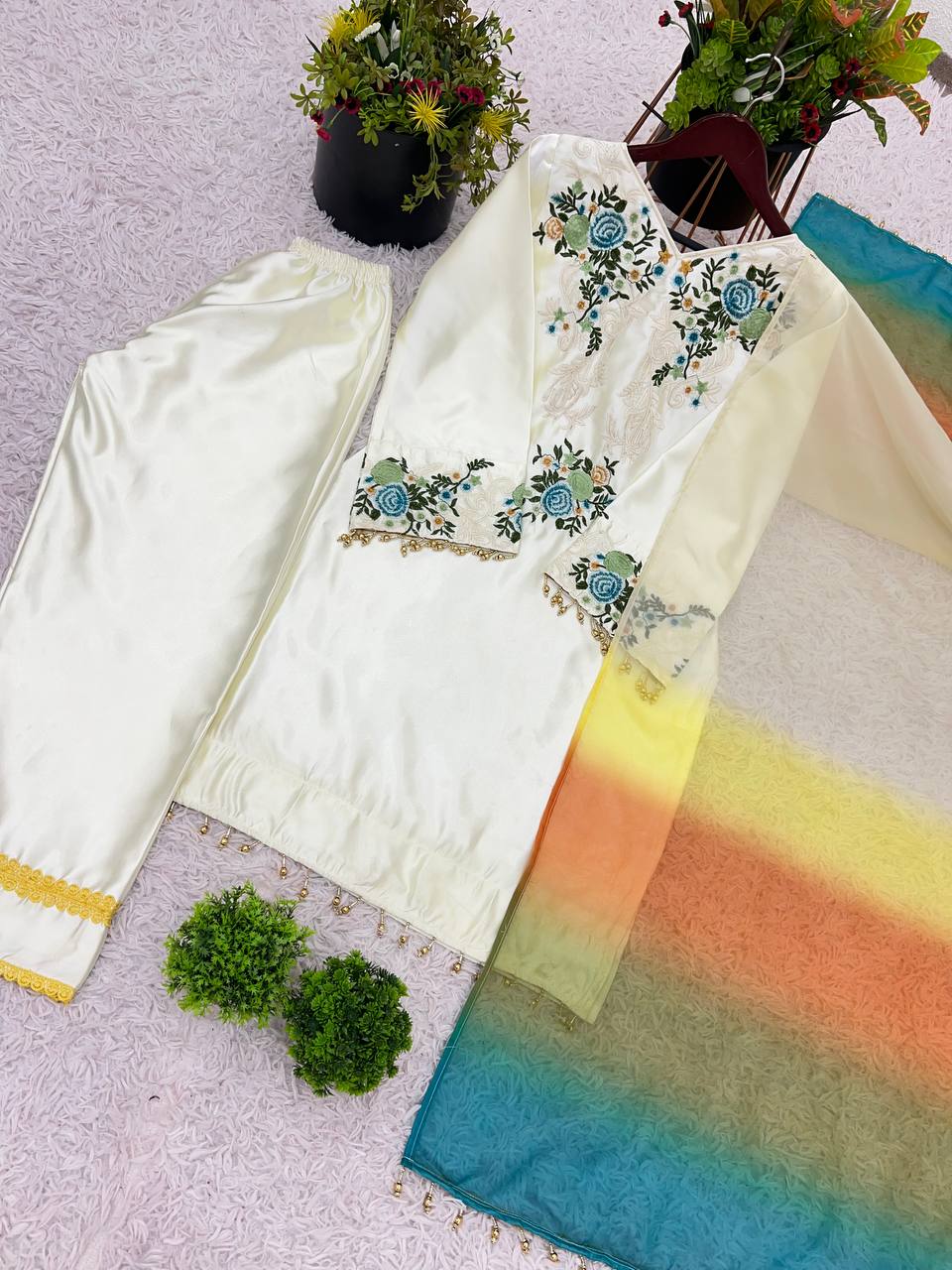 Elegant White Color Salwar Suit With Multi Dupatta