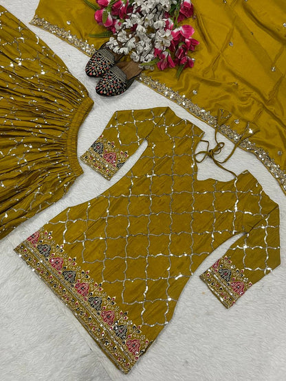 Full Sequence Work Heavy Mustard Color Sharara Suit