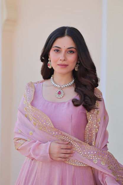 Good Looking Embroidered Work Pink Color Gown
