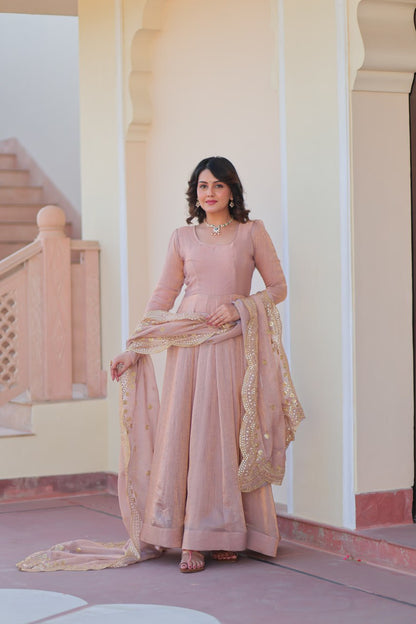 Good Looking Embroidered Work Peach Color Gown