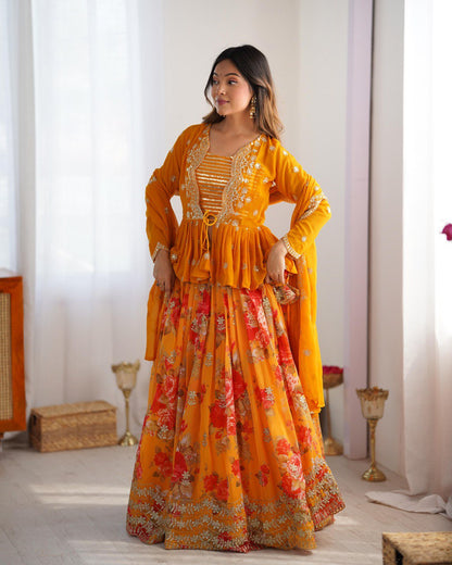 Marriage Special Digital Print Mustard Color Lehenga Choli With Koti