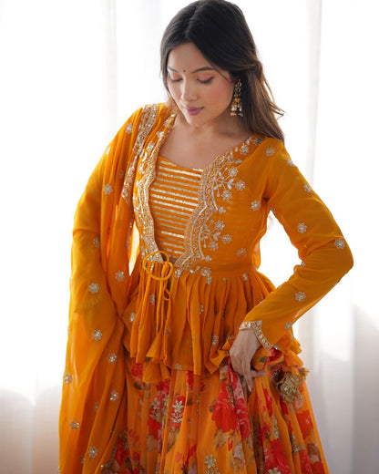 Marriage Special Digital Print Mustard Color Lehenga Choli With Koti