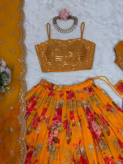 Marriage Special Digital Print Mustard Color Lehenga Choli With Koti