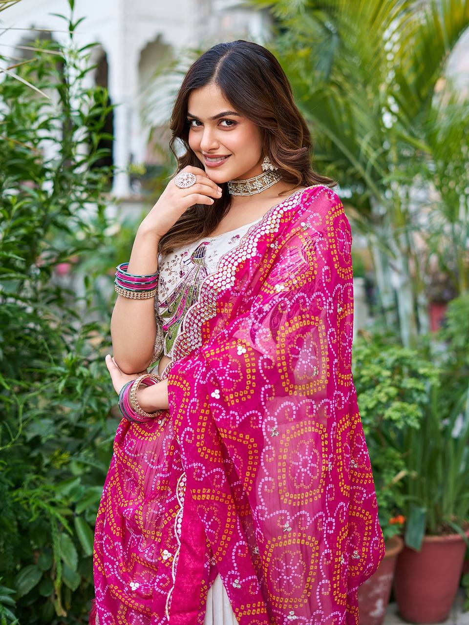 Wonderful Embroidery Work White Color Lehenga With Pink Dupatta