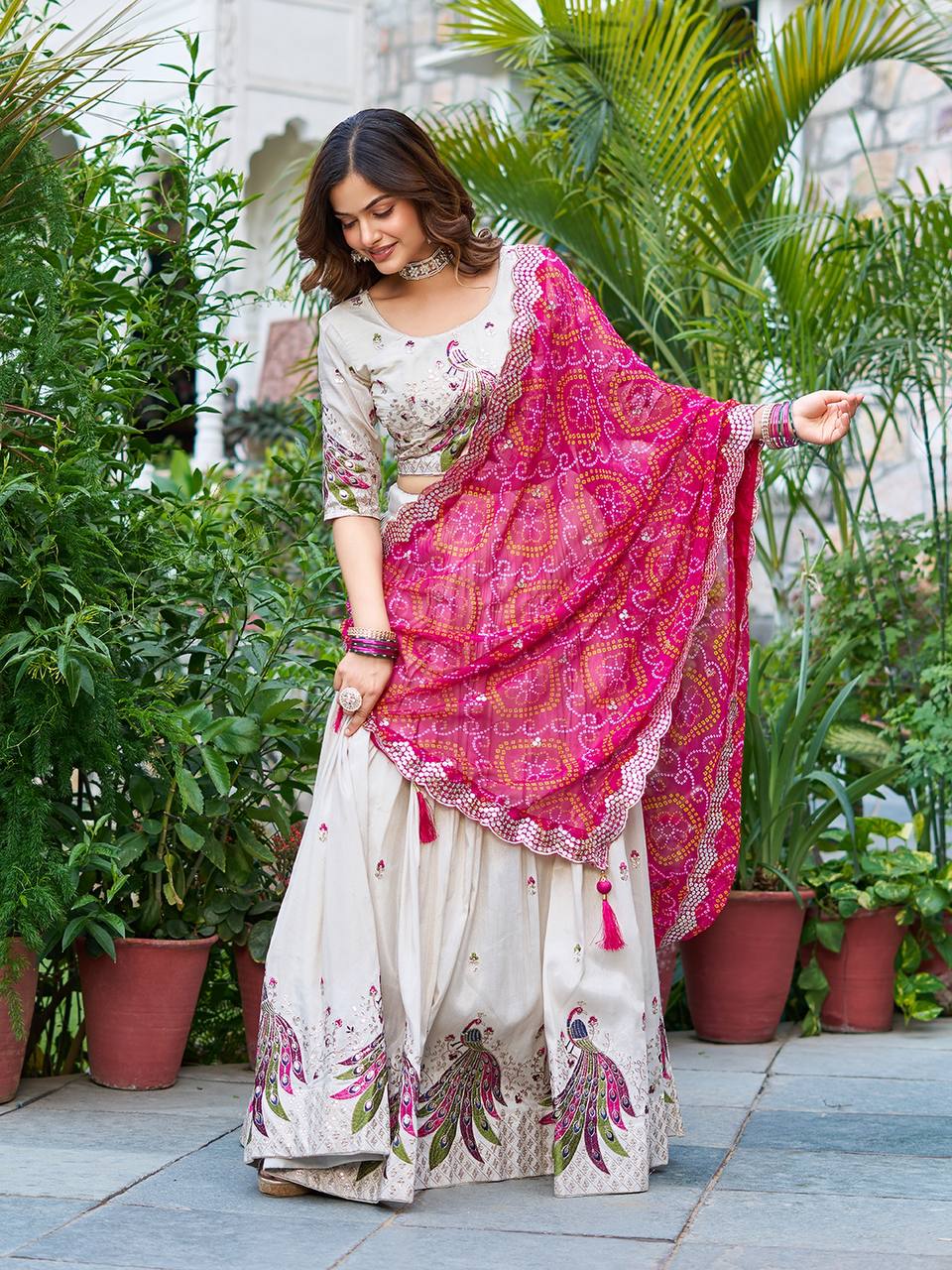 Wonderful Embroidery Work White Color Lehenga With Pink Dupatta