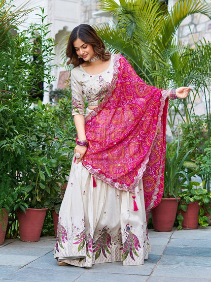 Wonderful Embroidery Work White Color Lehenga With Pink Dupatta