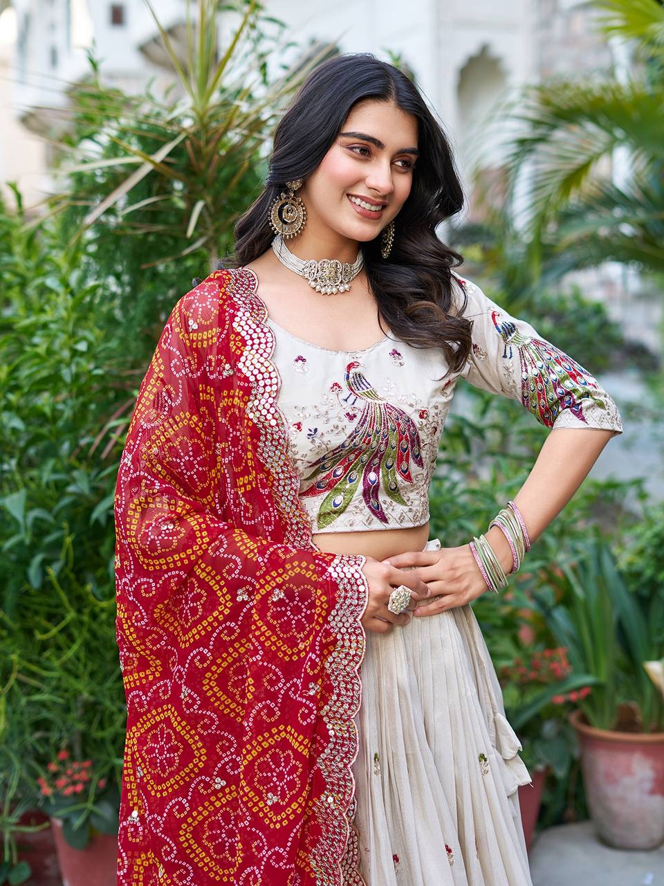 Wonderful Embroidery Work White Color Lehenga With Red Dupatta