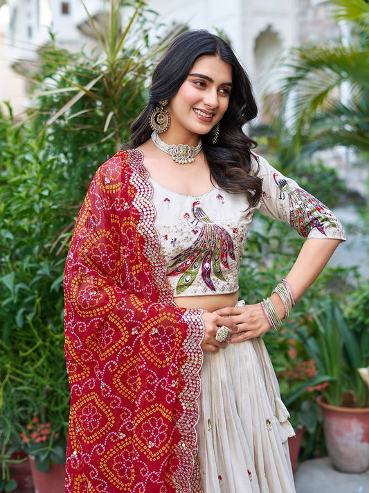 Wonderful Embroidery Work White Color Lehenga With Red Dupatta