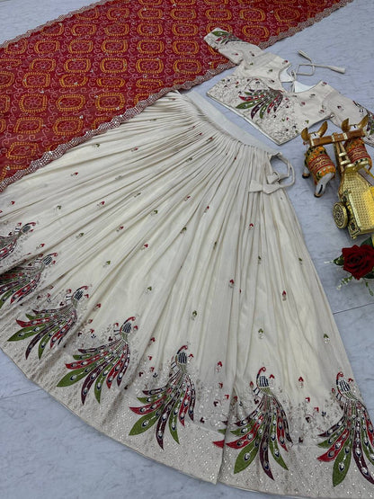 Wonderful Embroidery Work White Color Lehenga With Red Dupatta