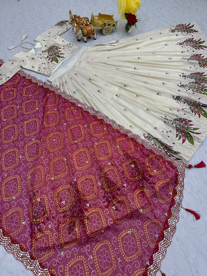 Wonderful Embroidery Work White Color Lehenga With Pink Dupatta