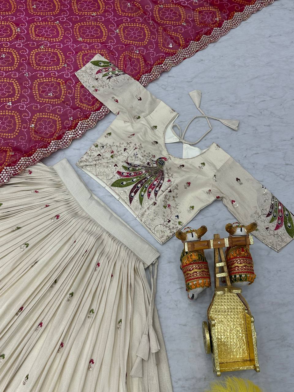 Wonderful Embroidery Work White Color Lehenga With Pink Dupatta