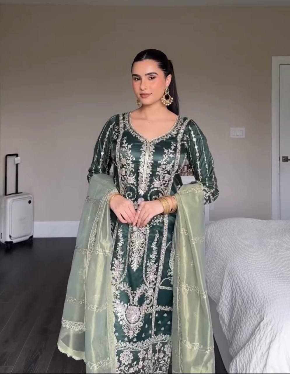 Preferable Heavy Work Green Color Salwar Suit