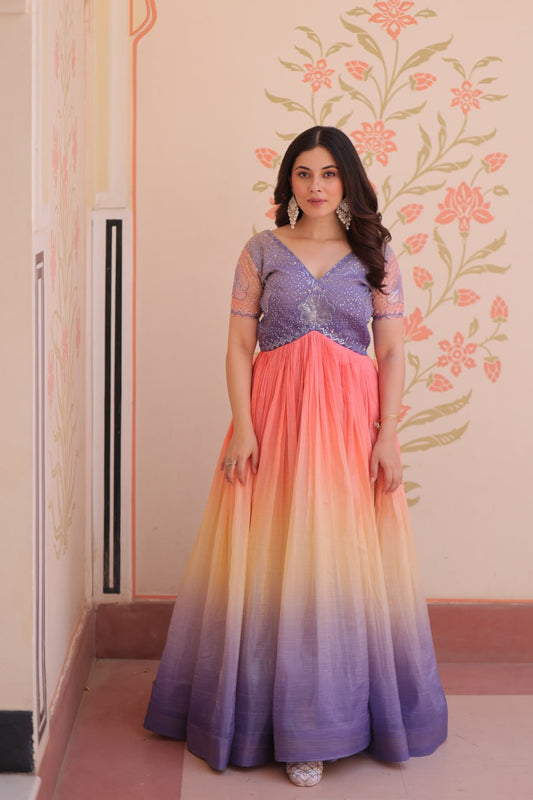 Fantastic Embroidered Work Double Shade Lavender Color Gown