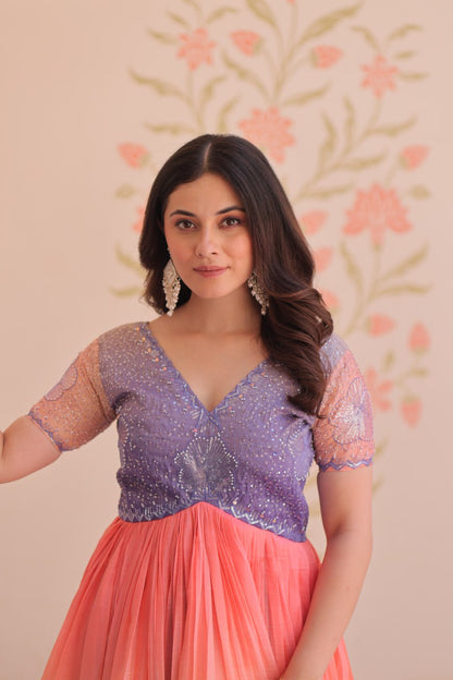 Fantastic Embroidered Work Double Shade Lavender Color Gown