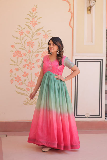 Fantastic Embroidered Work Double Shade Pink Color Gown