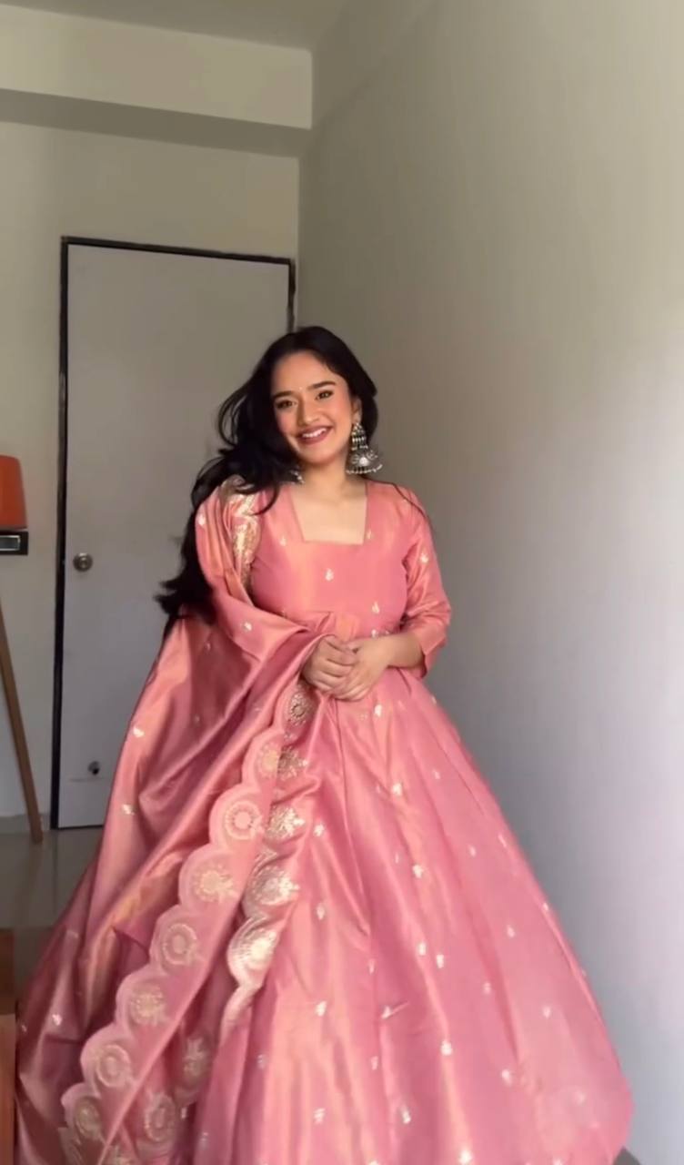 Outstanding Embroidery Work Pink Color Gown