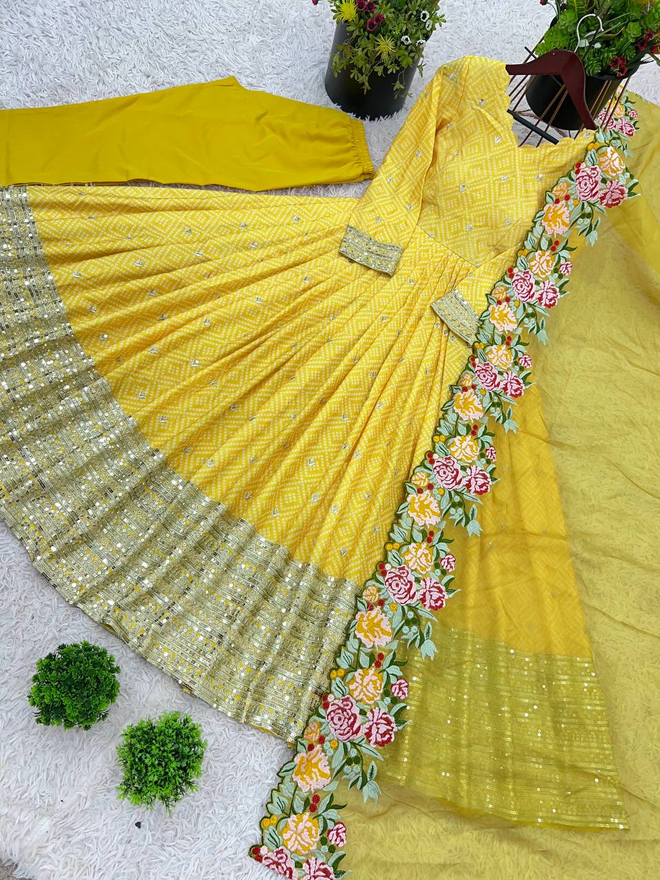 Beautiful Chinon Silk Yellow Color Gown