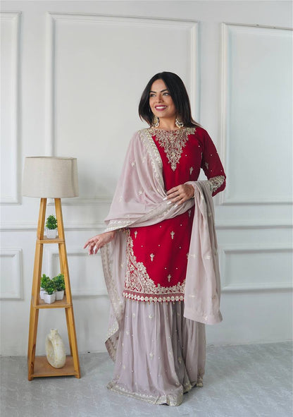 Attractive Embroidery Heavy Work Red Color Sharara Suit