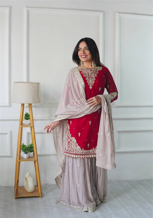 Attractive Embroidery Heavy Work Red Color Sharara Suit