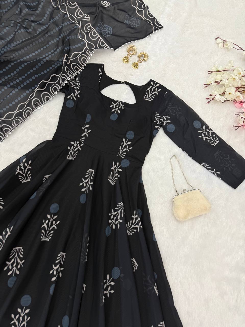Delightful Digital Printed Black Color Anarkali Gown