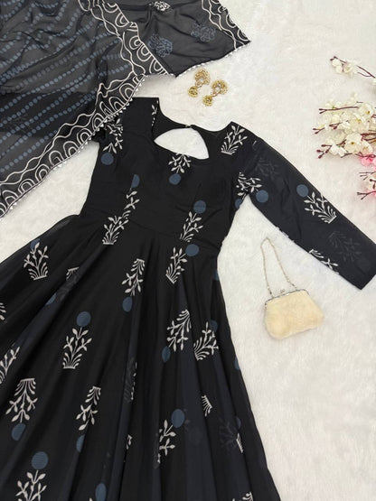 Delightful Digital Printed Black Color Anarkali Gown