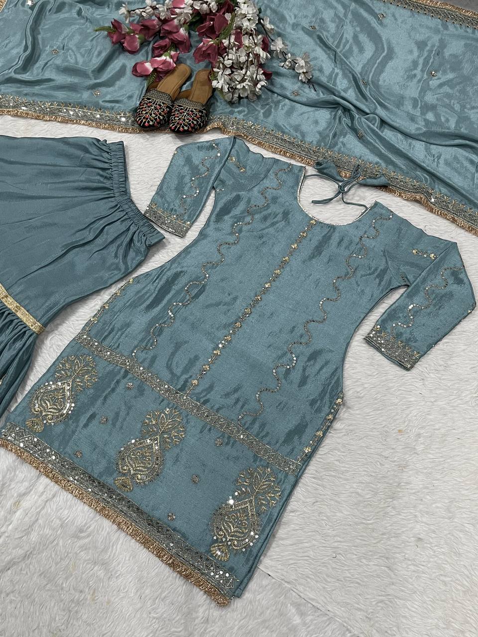 Occasion Wear Embroidery Work Teal Blue Color Sharara Suit