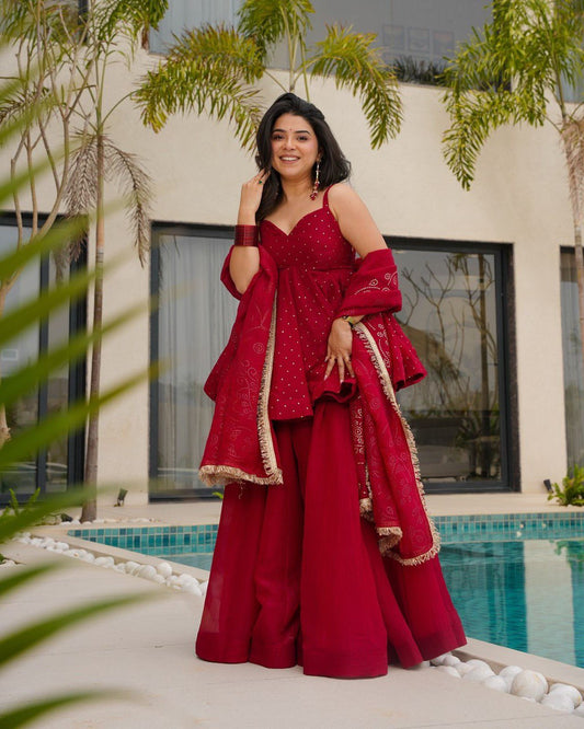Beautiful Organza Red Color Palazzo Suit