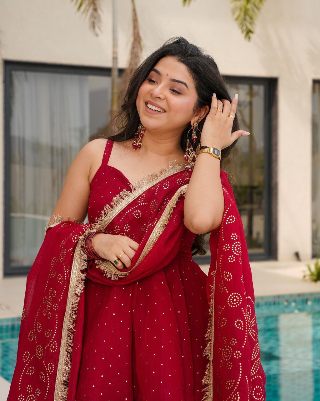 Beautiful Organza Red Color Palazzo Suit