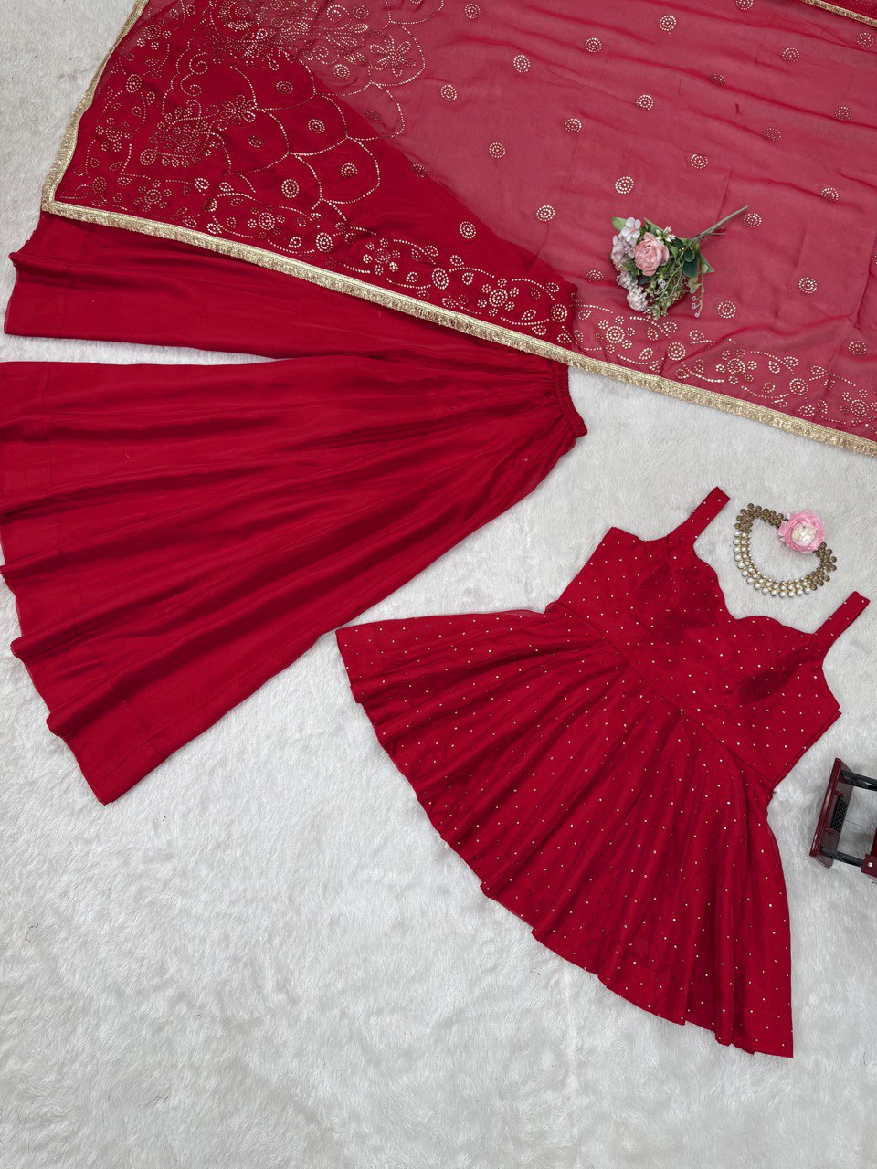 Beautiful Organza Red Color Palazzo Suit