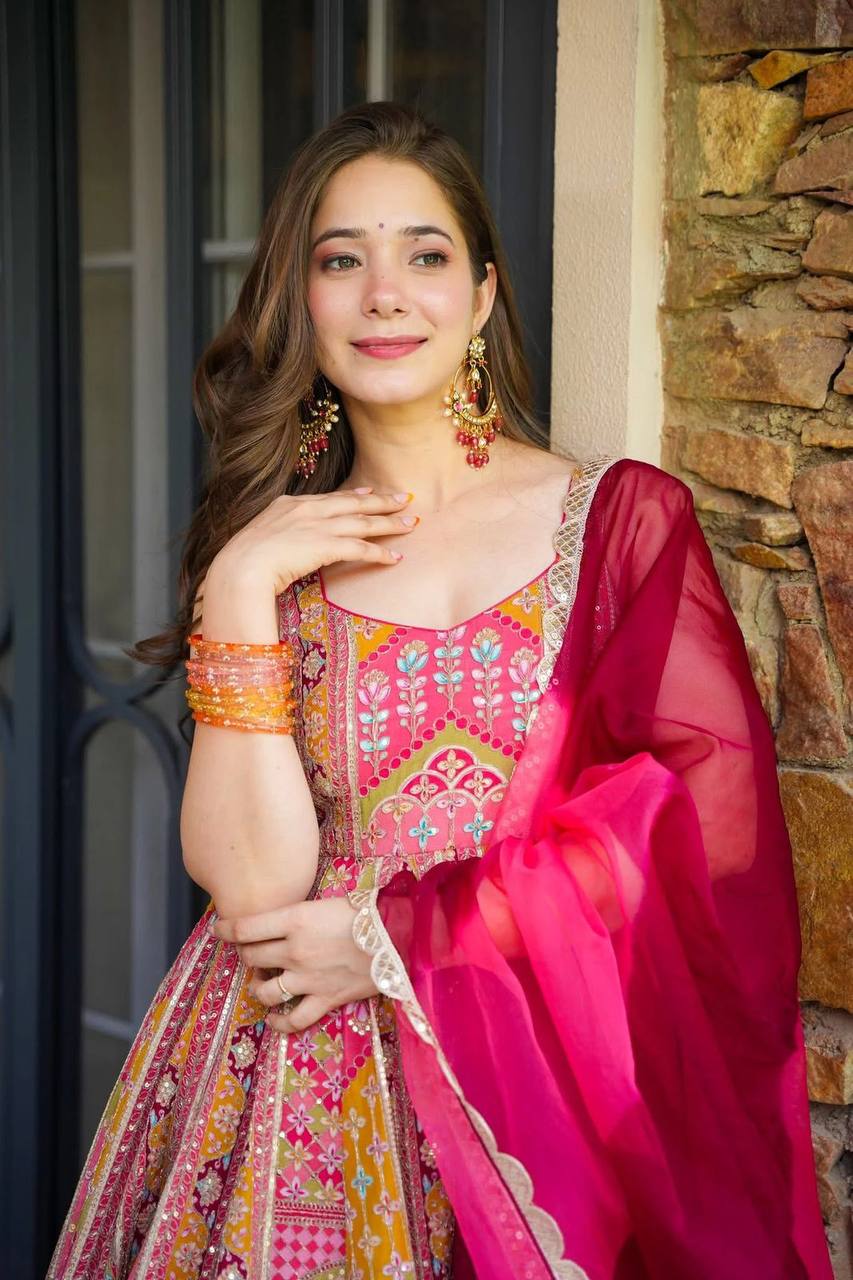 Attractive Silk Digital Printed Multicolor Anarkali Gown