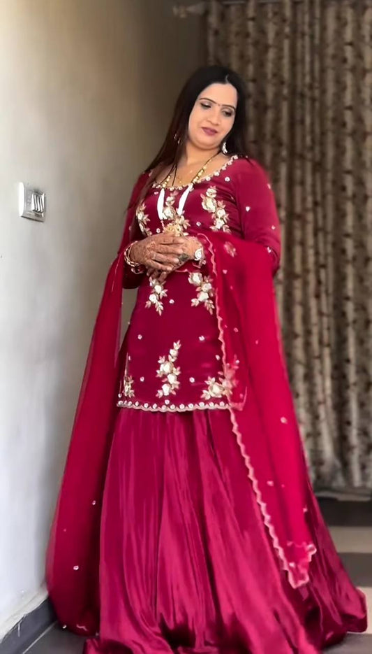 Designer Embroidery Work Marron Color Top With Lehenga Choli