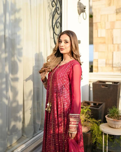 Good Looking Embroidery Work Pink Color Gown