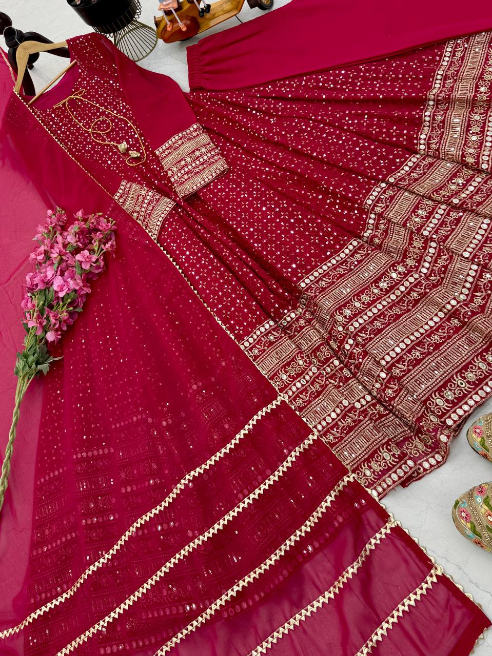 Good Looking Embroidery Work Pink Color Gown