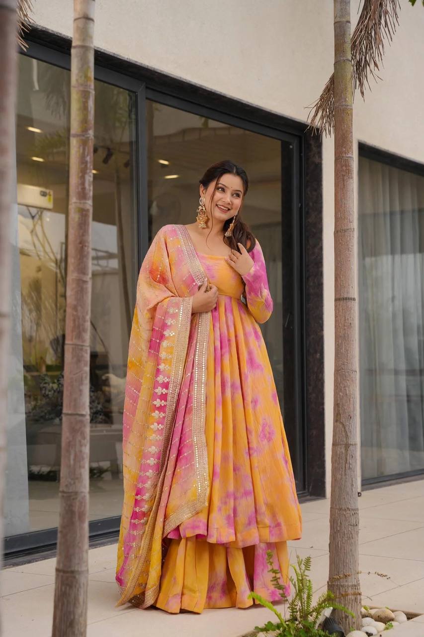 Beautiful Digital Print Orange With Pink Color Gown