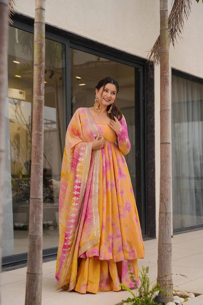 Beautiful Digital Print Orange With Pink Color Gown