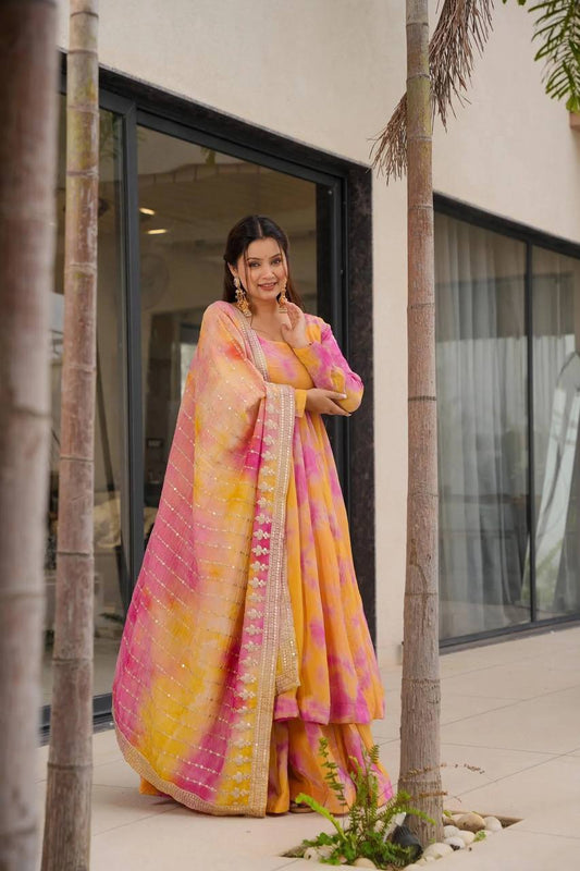 Beautiful Digital Print Orange With Pink Color Gown