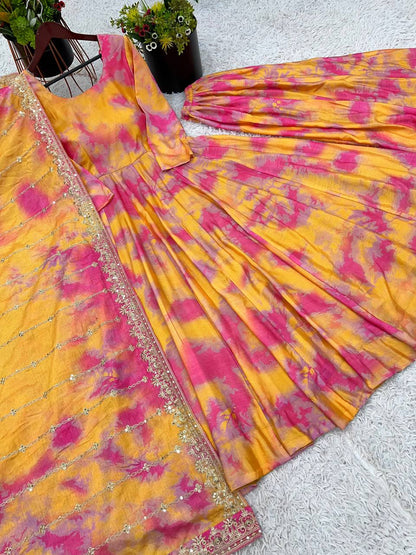 Beautiful Digital Print Orange With Pink Color Gown