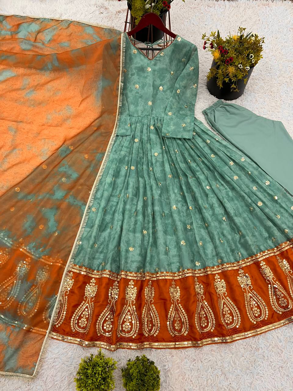Designer Organza Silk Teal Green Color Gown