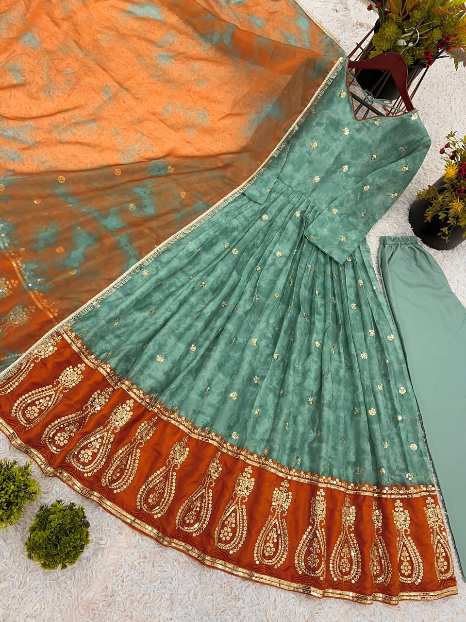 Designer Organza Silk Teal Green Color Gown