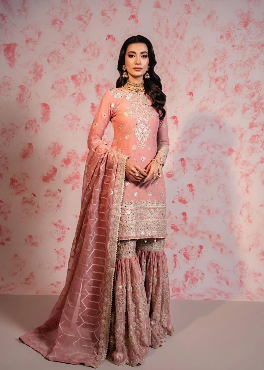 Wedding Wear Embroidery Work Peach Color Sharara Suit