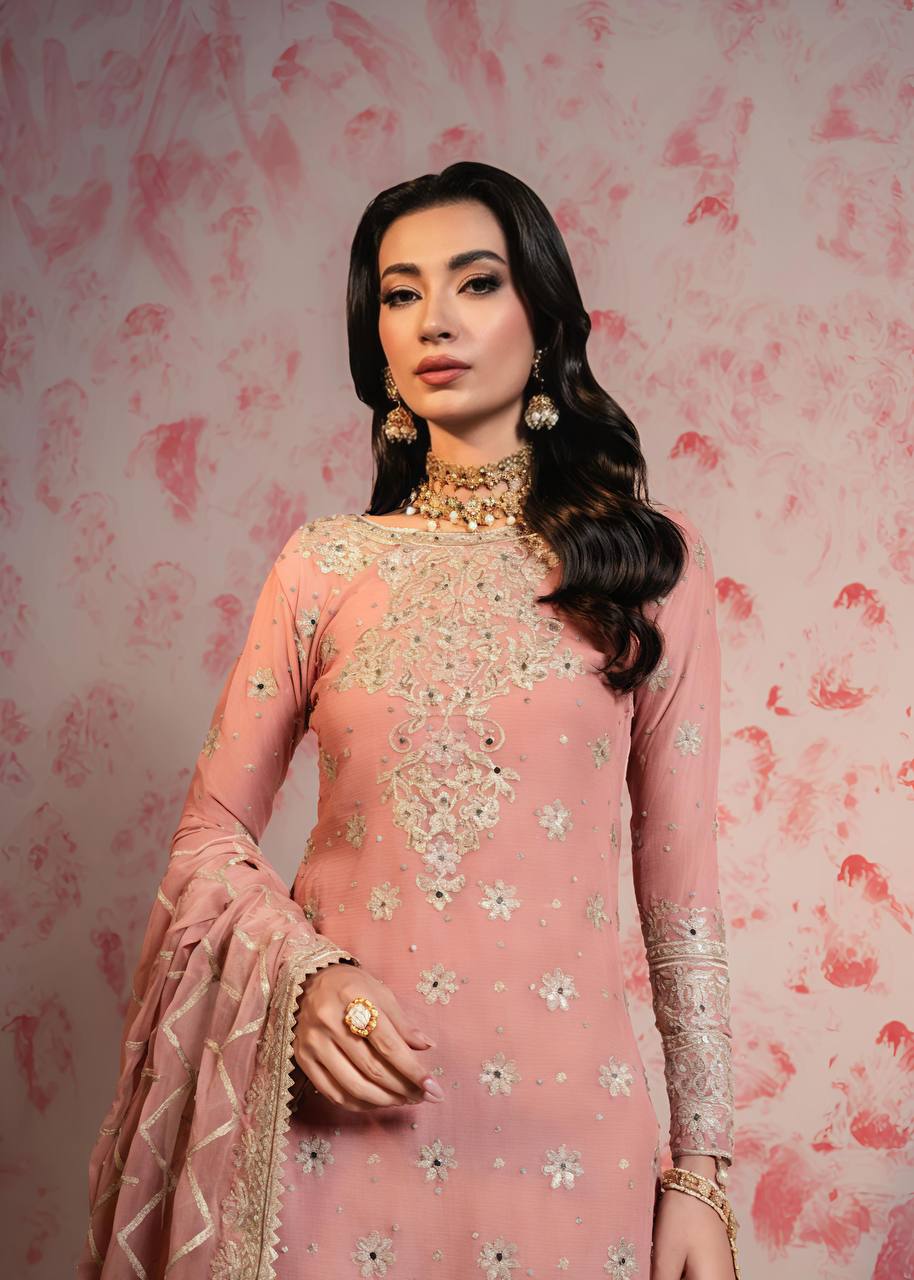 Wedding Wear Embroidery Work Peach Color Sharara Suit