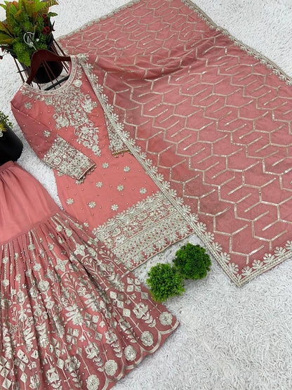 Wedding Wear Embroidery Work Peach Color Sharara Suit