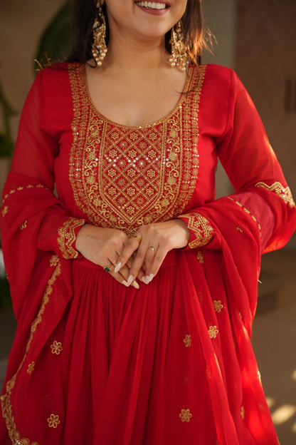 Shining Embroidery Work Red Color Gown