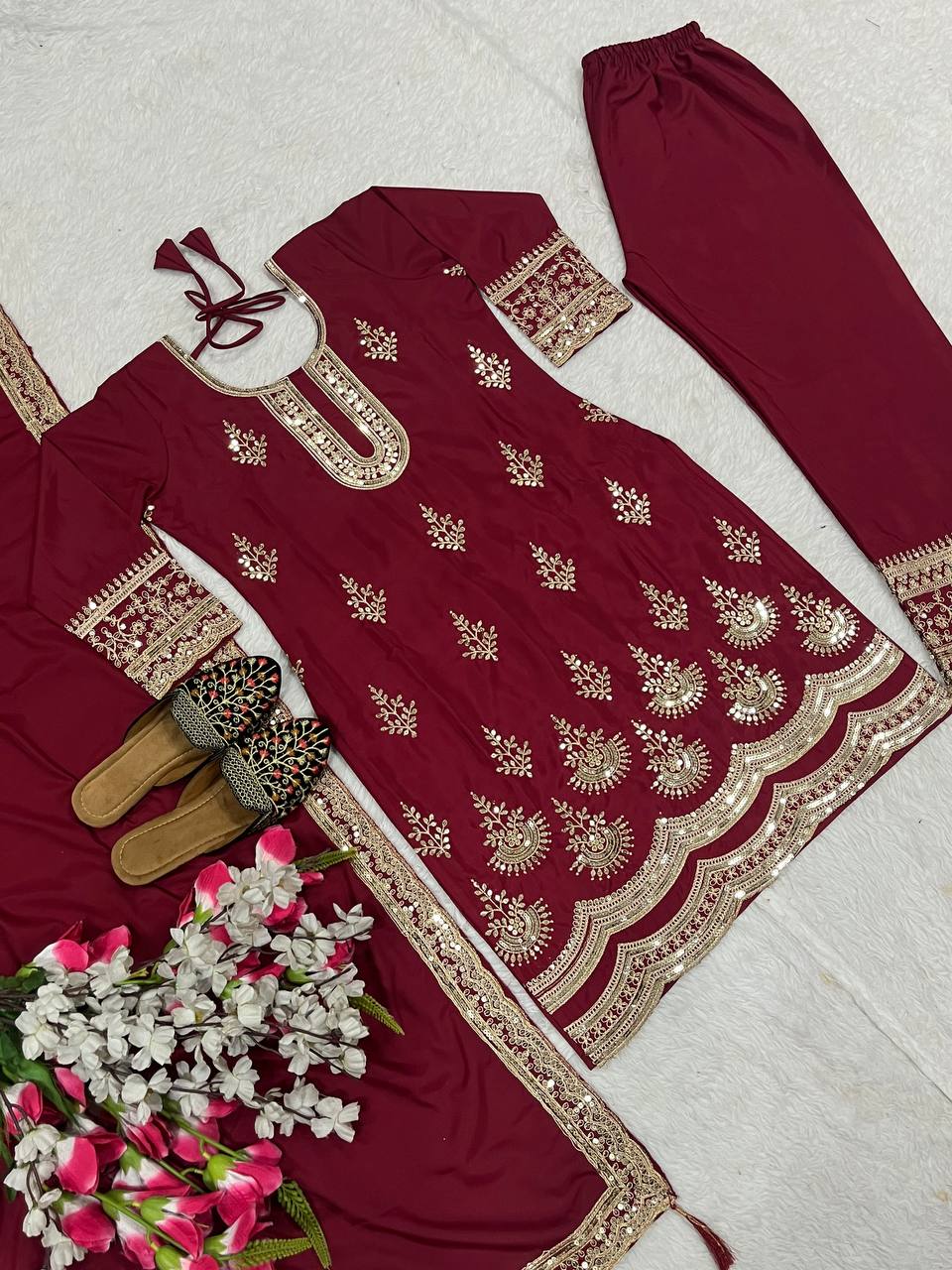 Designer Embroidery Work Marron Color Palazzo Suit