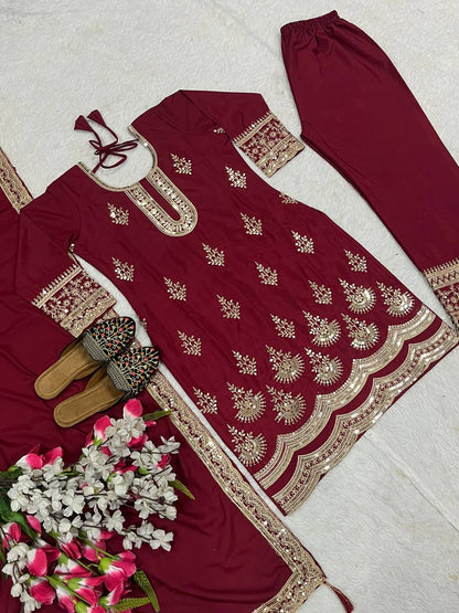 Designer Embroidery Work Marron Color Palazzo Suit