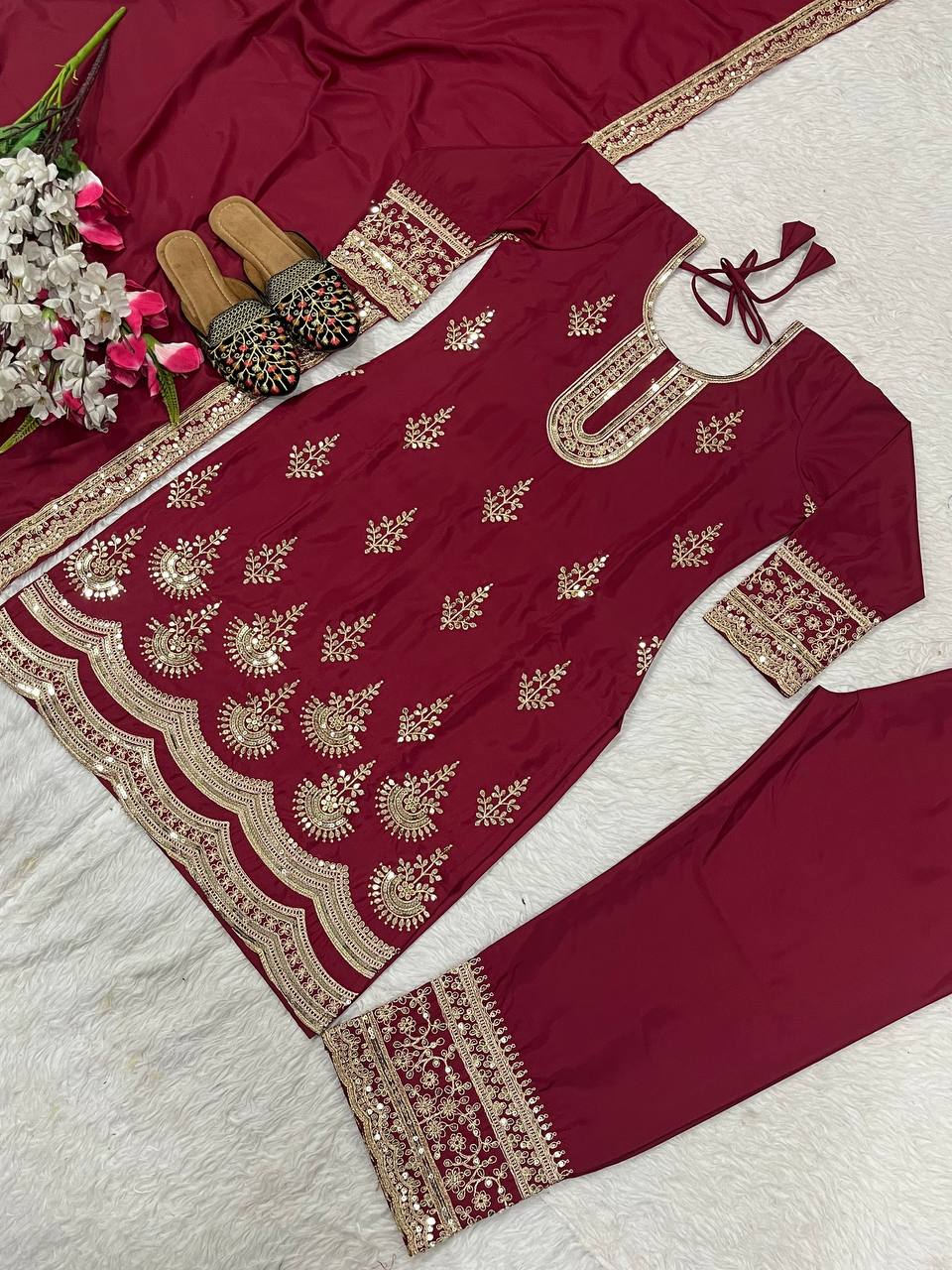 Designer Embroidery Work Marron Color Palazzo Suit